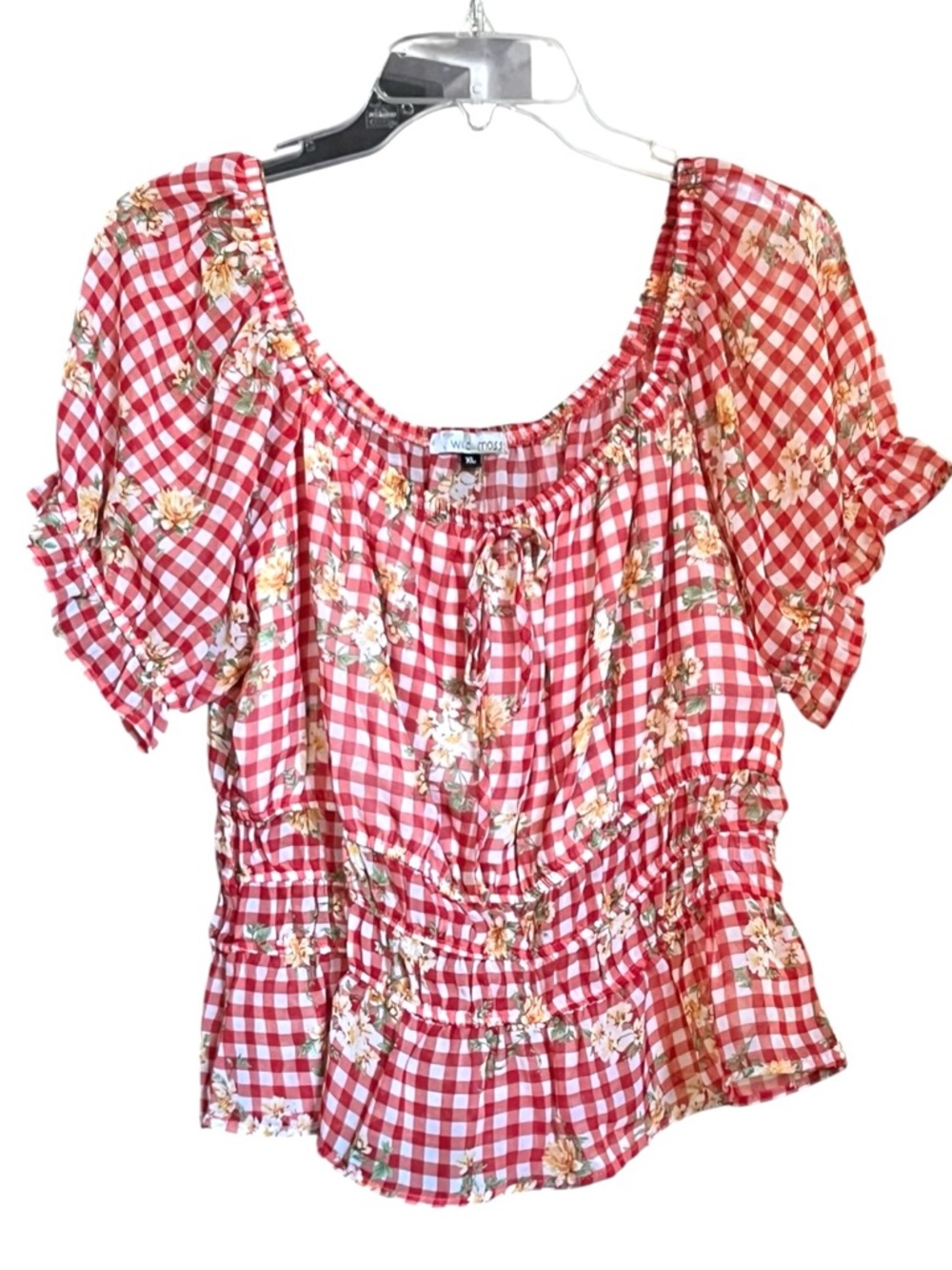 Wild Moss Red Gingham Floral crop Peasant Blouse smocked waist ruffle festival.